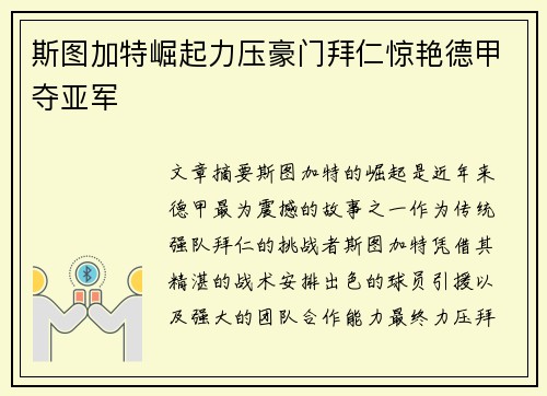 斯图加特崛起力压豪门拜仁惊艳德甲夺亚军 斯图加特崛起力压豪门拜仁惊艳德甲夺亚军