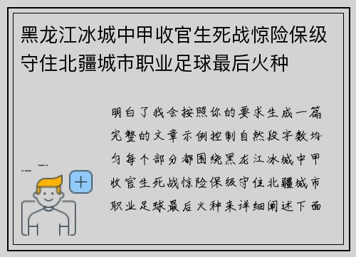 黑龙江冰城中甲收官生死战惊险保级守住北疆城市职业足球最后火种